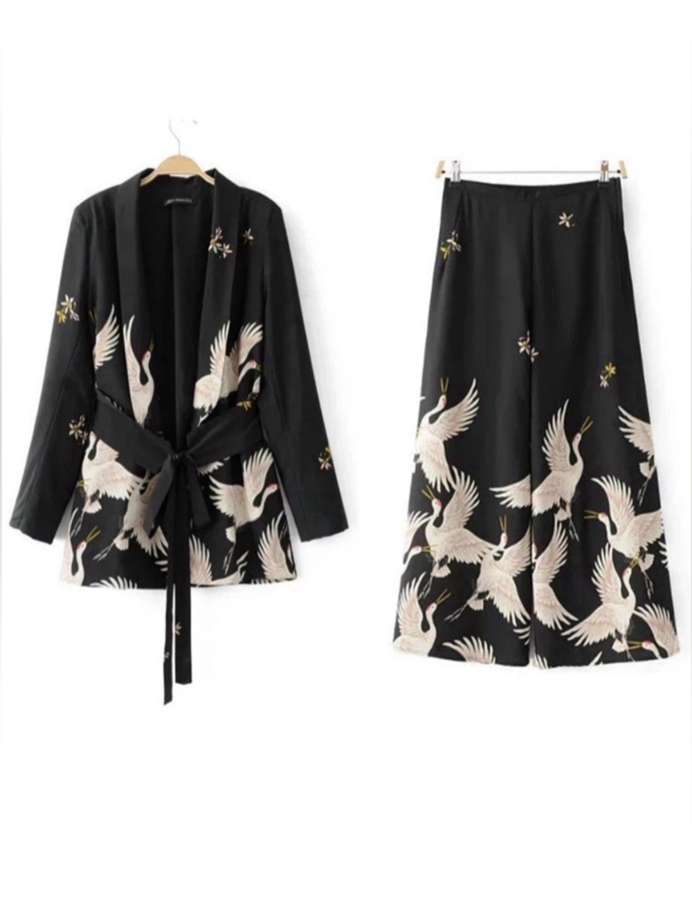 Black Crane Suit Set with Coat & Wide-leg Trouser | Large